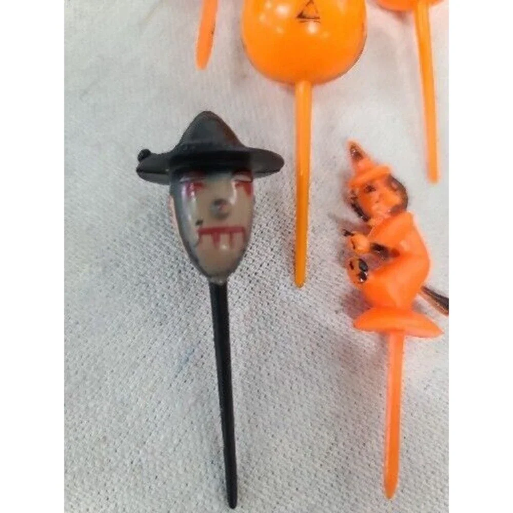 Vintage 1960s Halloween lot of 10 HARD PLASTIC Cake Toppers Witch JOL Black Cat
